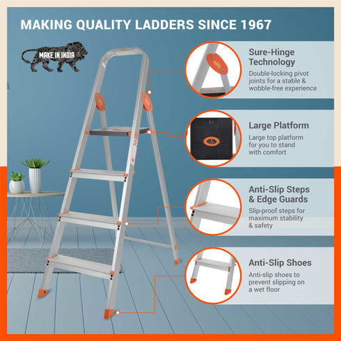 Bathla Advance Carbon - 4 Step Foldable Aluminium Ladder For Home (Orange)